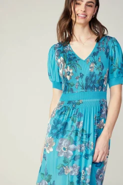 Hot Pleated Botanical Midi Dress Women Midi Dresses