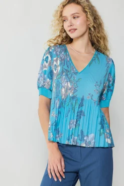 Online Pleated Botanical Top Women Short Sleeve Tops