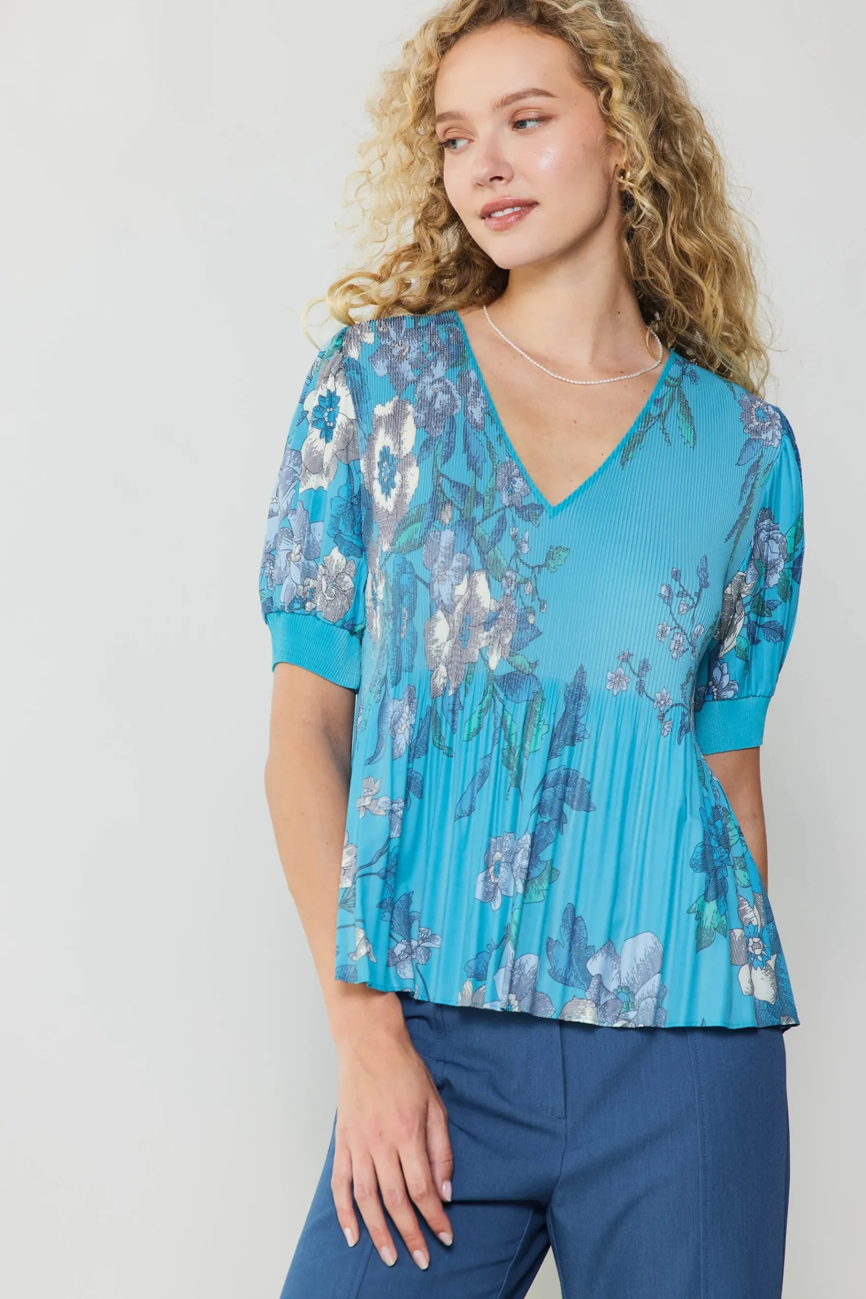 Online Pleated Botanical Top Women Short Sleeve Tops