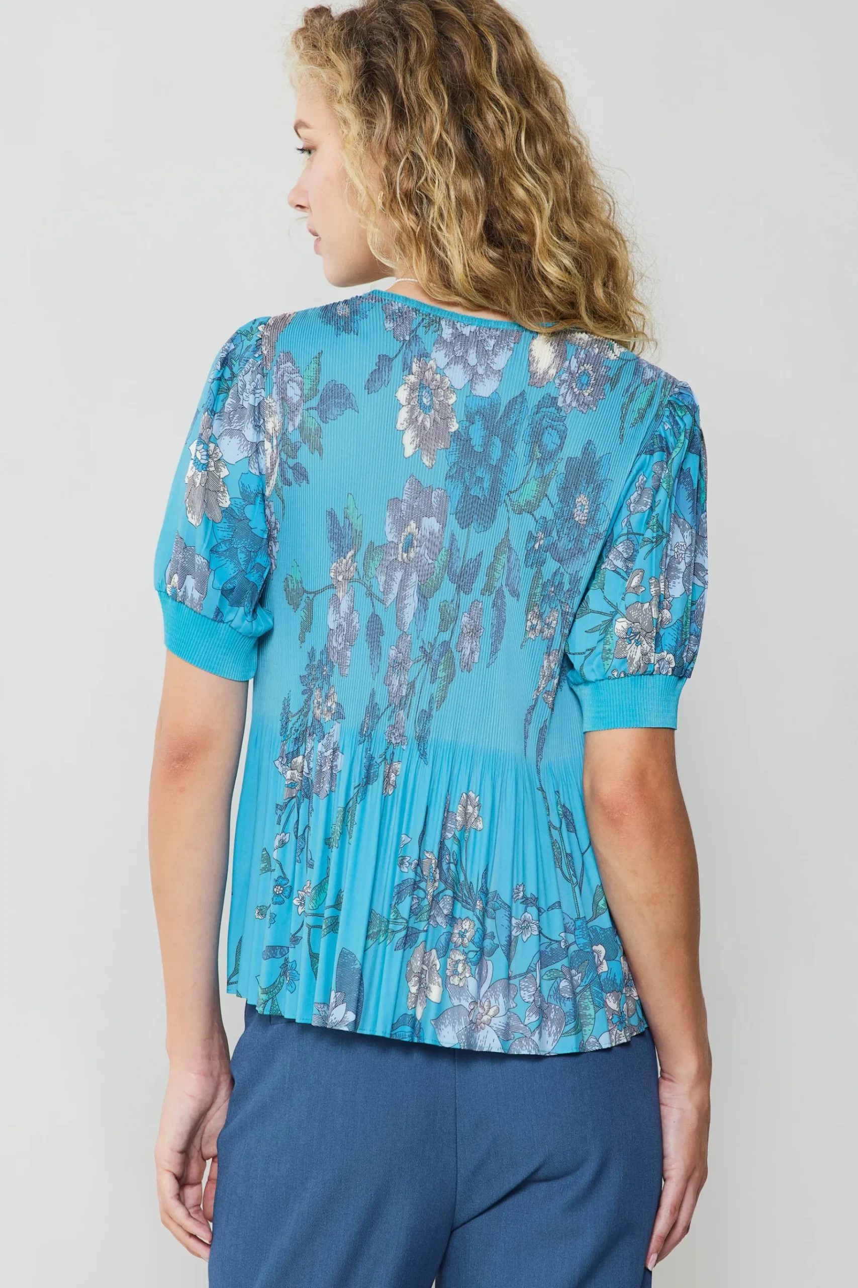 Online Pleated Botanical Top Women Short Sleeve Tops