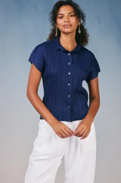 Hot Pleated Button Down Top Women Short Sleeve Tops