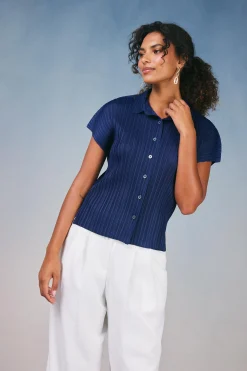 Hot Pleated Button Down Top Women Short Sleeve Tops