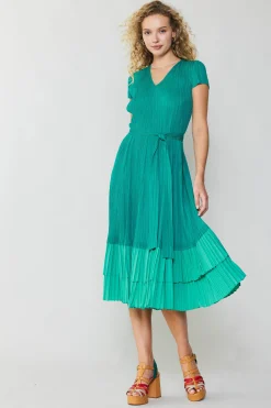 Sale Pleated Colorblock Midi Dress Women Midi Dresses