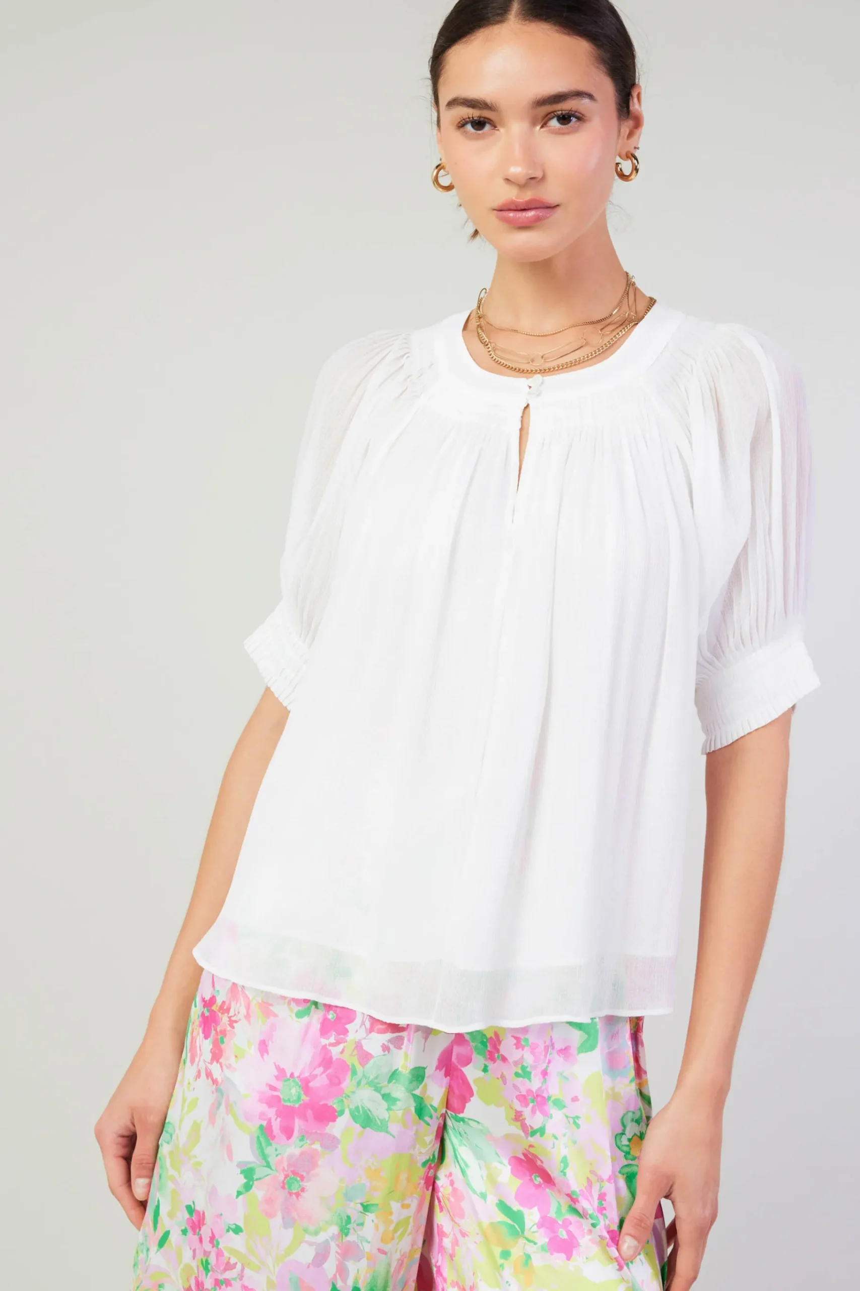 Discount Pleated Cuff Blouse Women Short Sleeve Tops