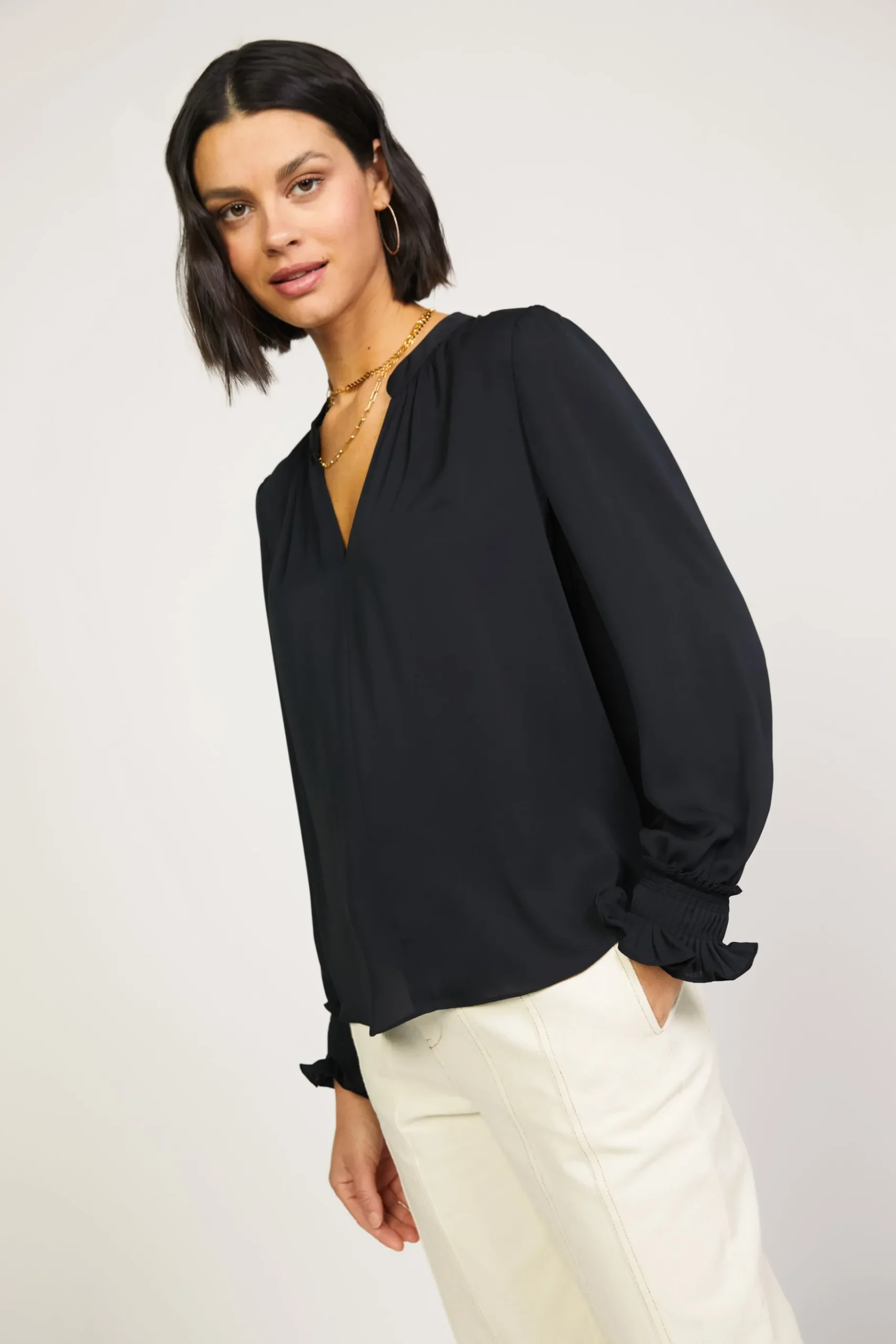 Outlet Pleated Cuff Blouse Women Long Sleeve Tops