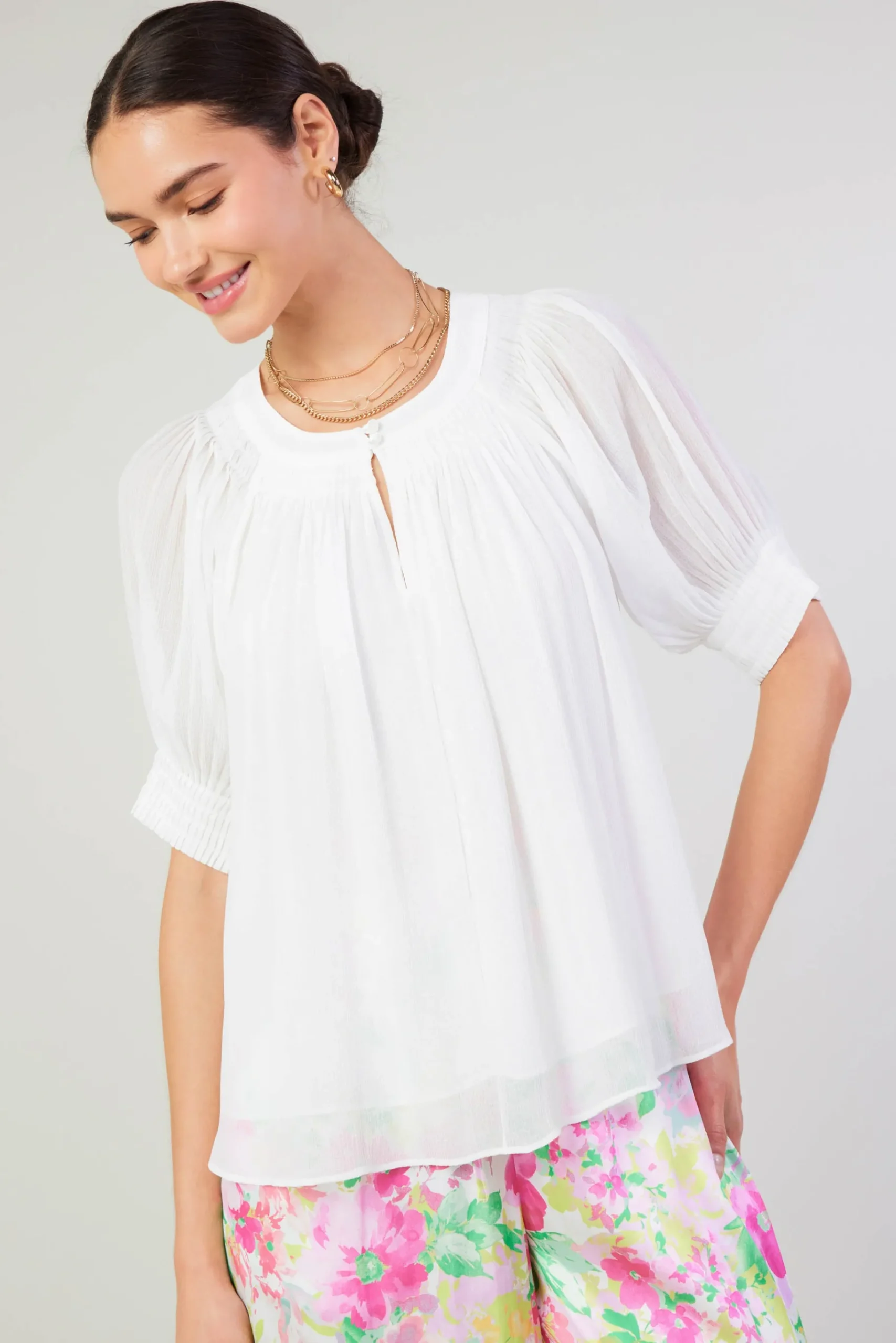 Discount Pleated Cuff Blouse Women Short Sleeve Tops