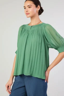 Best Pleated Cuff Blouse Women Short Sleeve Tops