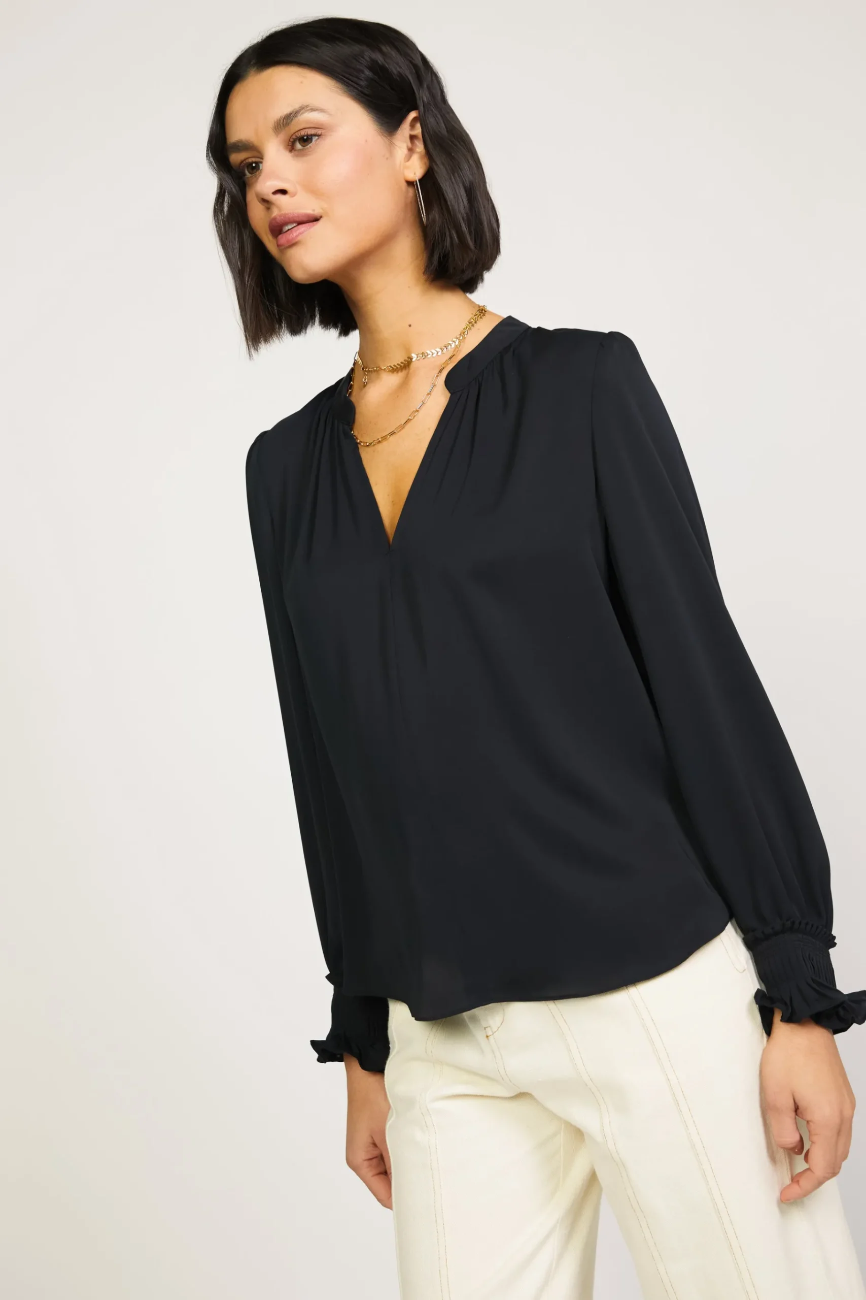 Outlet Pleated Cuff Blouse Women Long Sleeve Tops