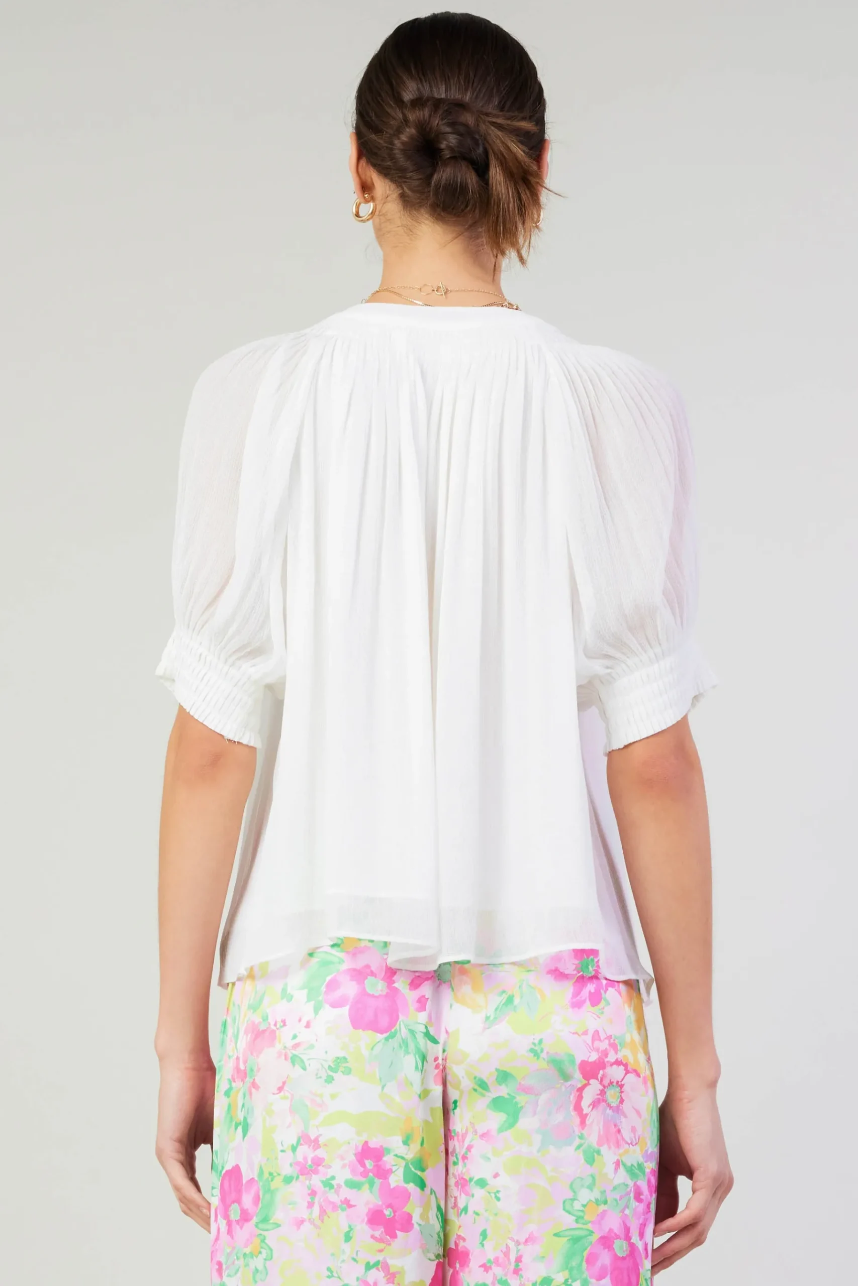 Discount Pleated Cuff Blouse Women Short Sleeve Tops