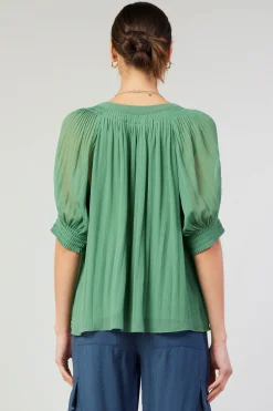 Best Pleated Cuff Blouse Women Short Sleeve Tops