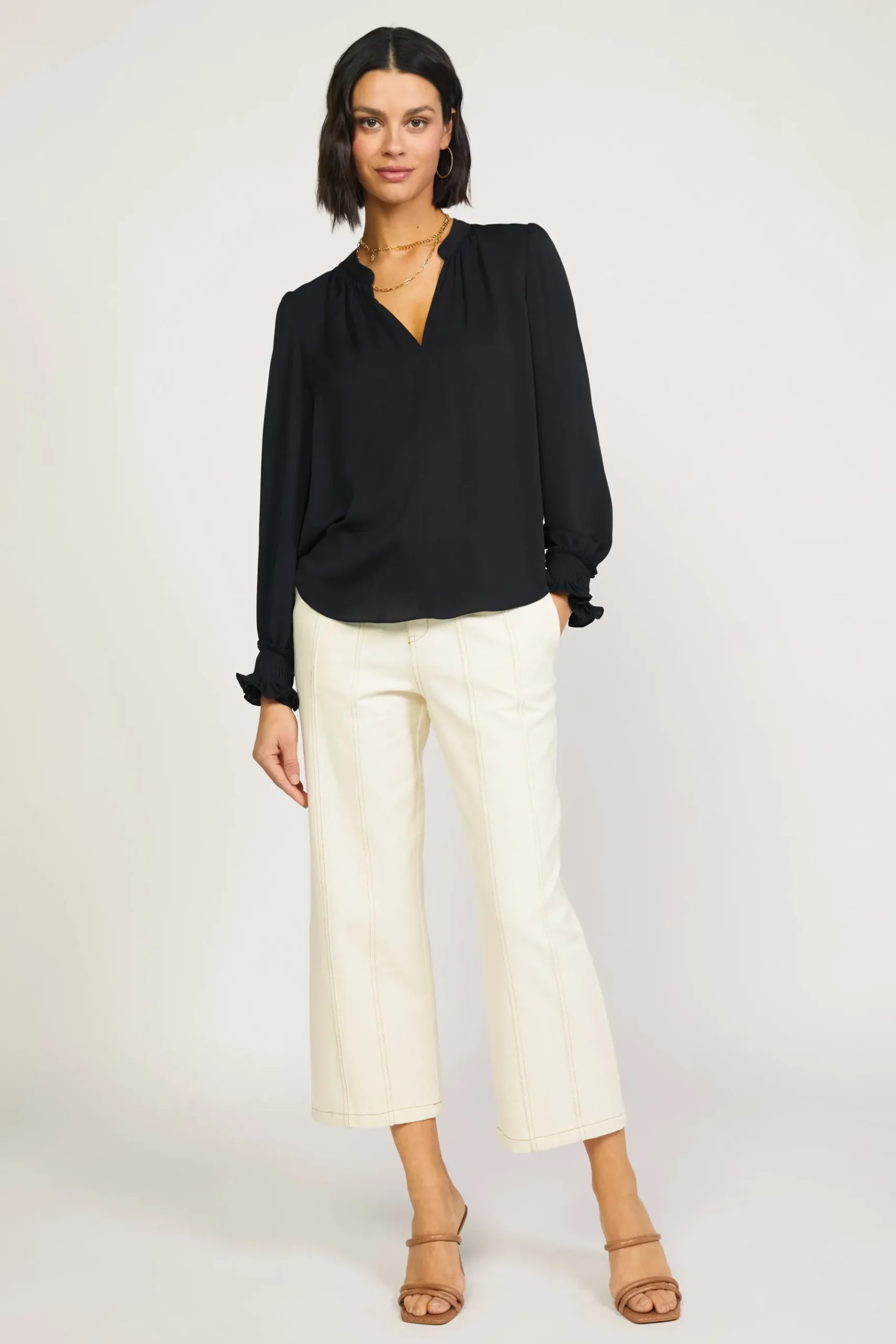 Outlet Pleated Cuff Blouse Women Long Sleeve Tops