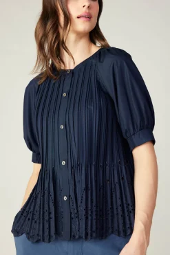 Sale Pleated Eyelet Blouse Women Short Sleeve Tops