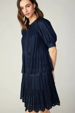 Sale Pleated Eyelet Blouse Women Short Sleeve Tops