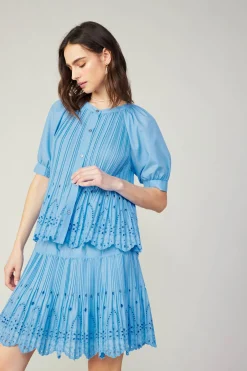 Clearance Pleated Eyelet Blouse Women Short Sleeve Tops