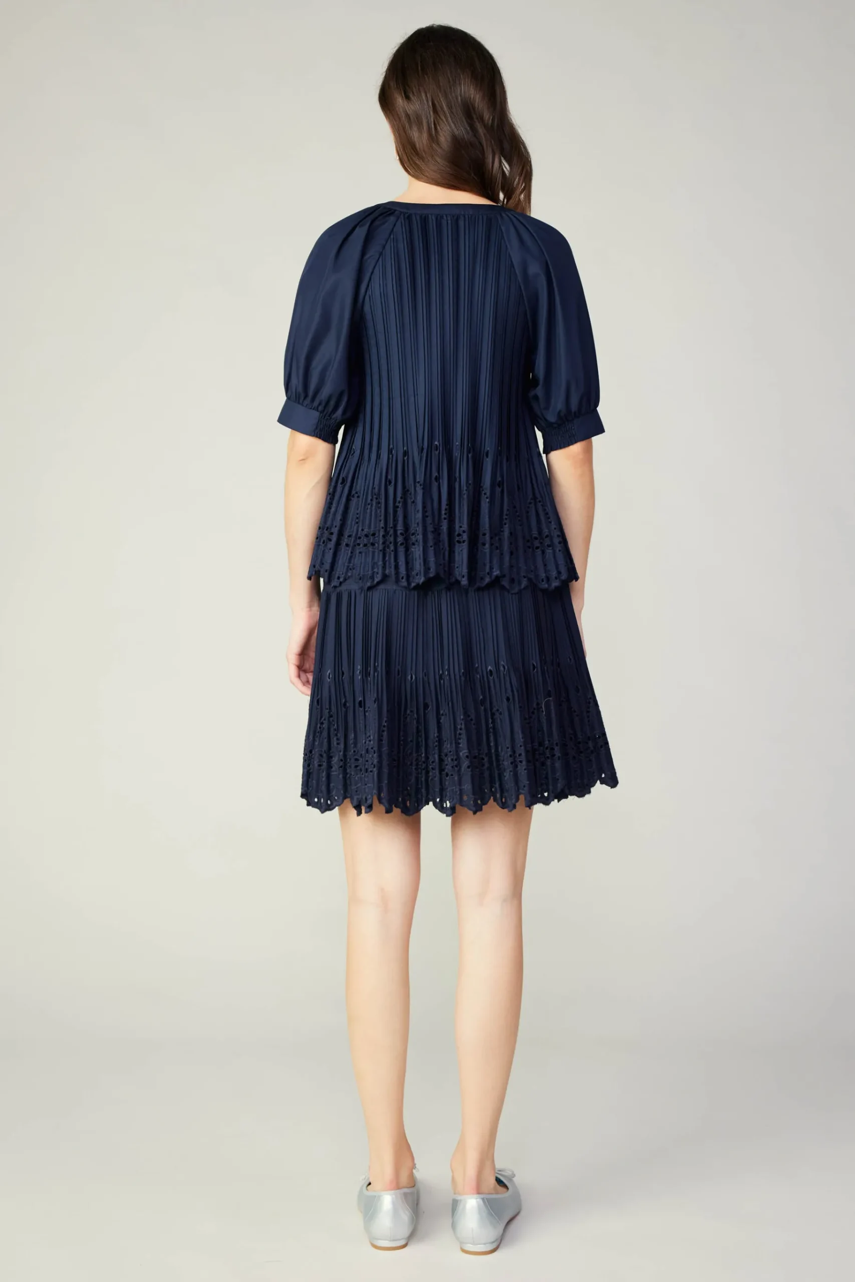 Sale Pleated Eyelet Blouse Women Short Sleeve Tops