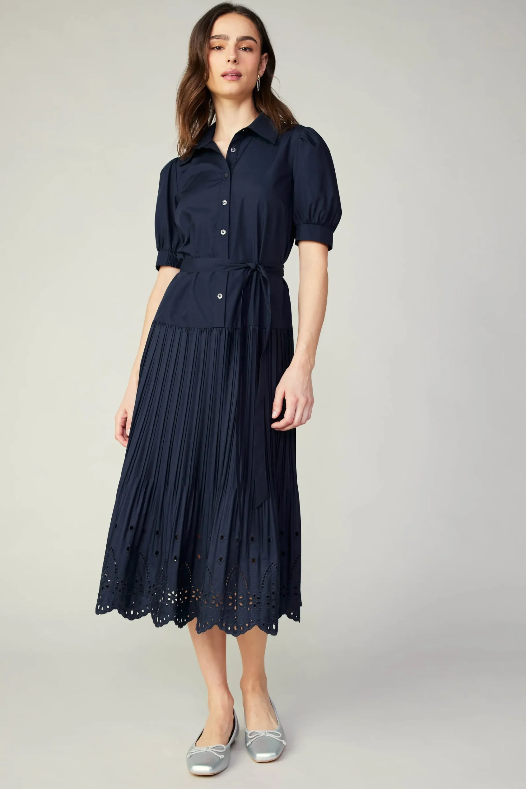 Best Pleated Eyelet Midi Dress Women Midi Dresses