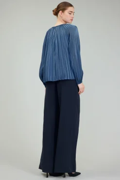 Online Pleated Shimmery Blouse Women Long Sleeve Tops