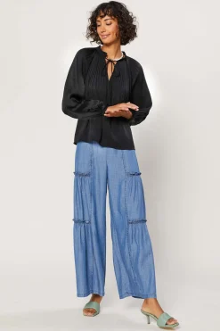 Fashion Pleated Split Neck Top Women Long Sleeve Tops