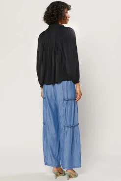 Fashion Pleated Split Neck Top Women Long Sleeve Tops