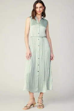 Best Plisse Buttondown Dress Women Midi Dresses