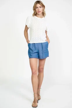 Clearance Pointelle Knit Sweater Top Women Short Sleeve Tops | Sweaters