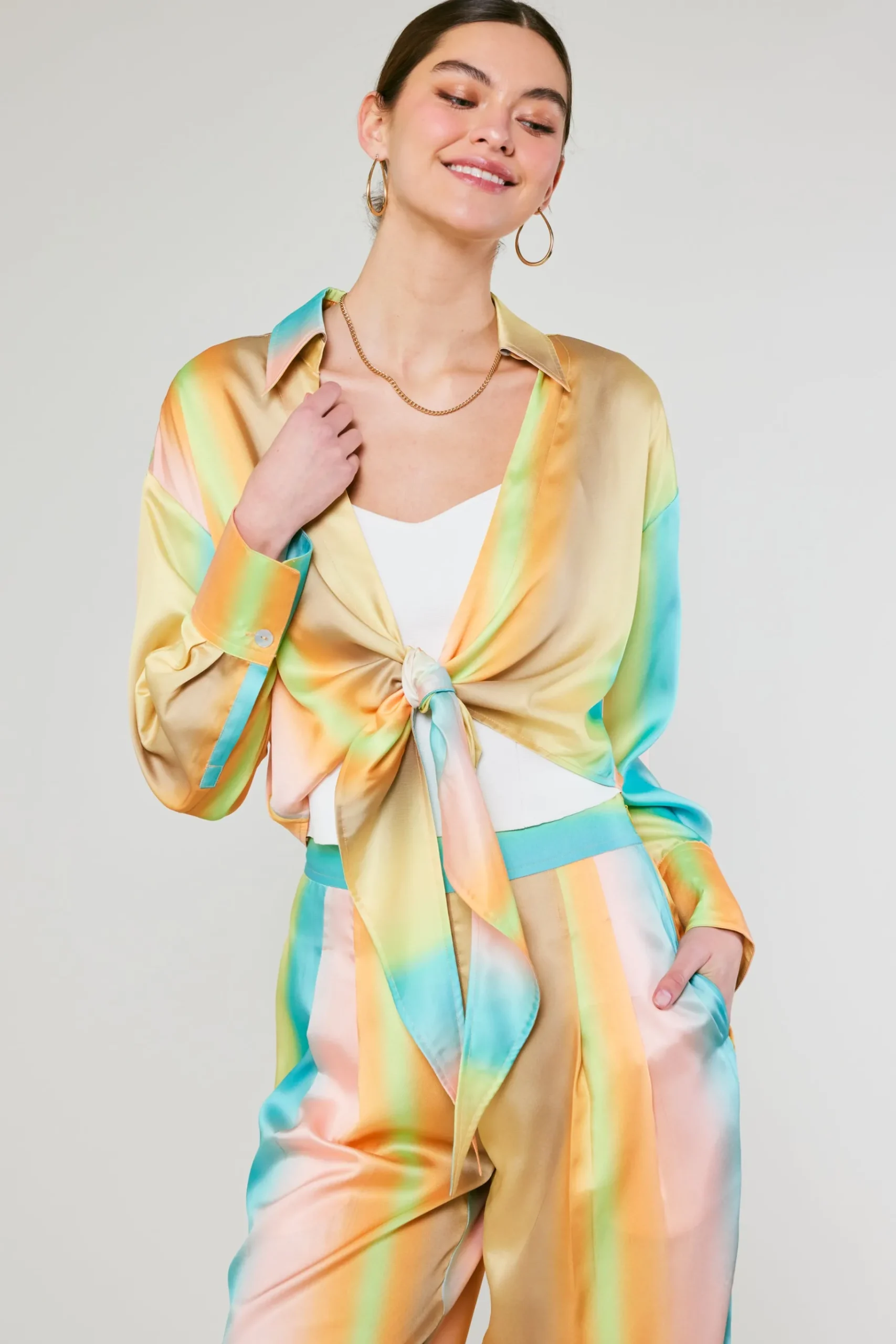 New Prismatic Gradient Front Tie Shirt Women Long Sleeve Tops