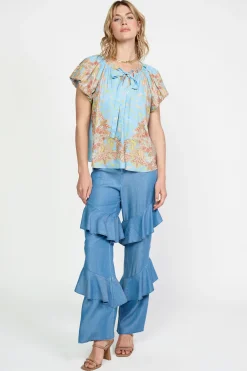 Online Retro Floral Bubble Sleeve Top Women Short Sleeve Tops