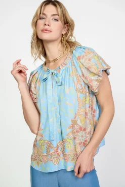 Online Retro Floral Bubble Sleeve Top Women Short Sleeve Tops