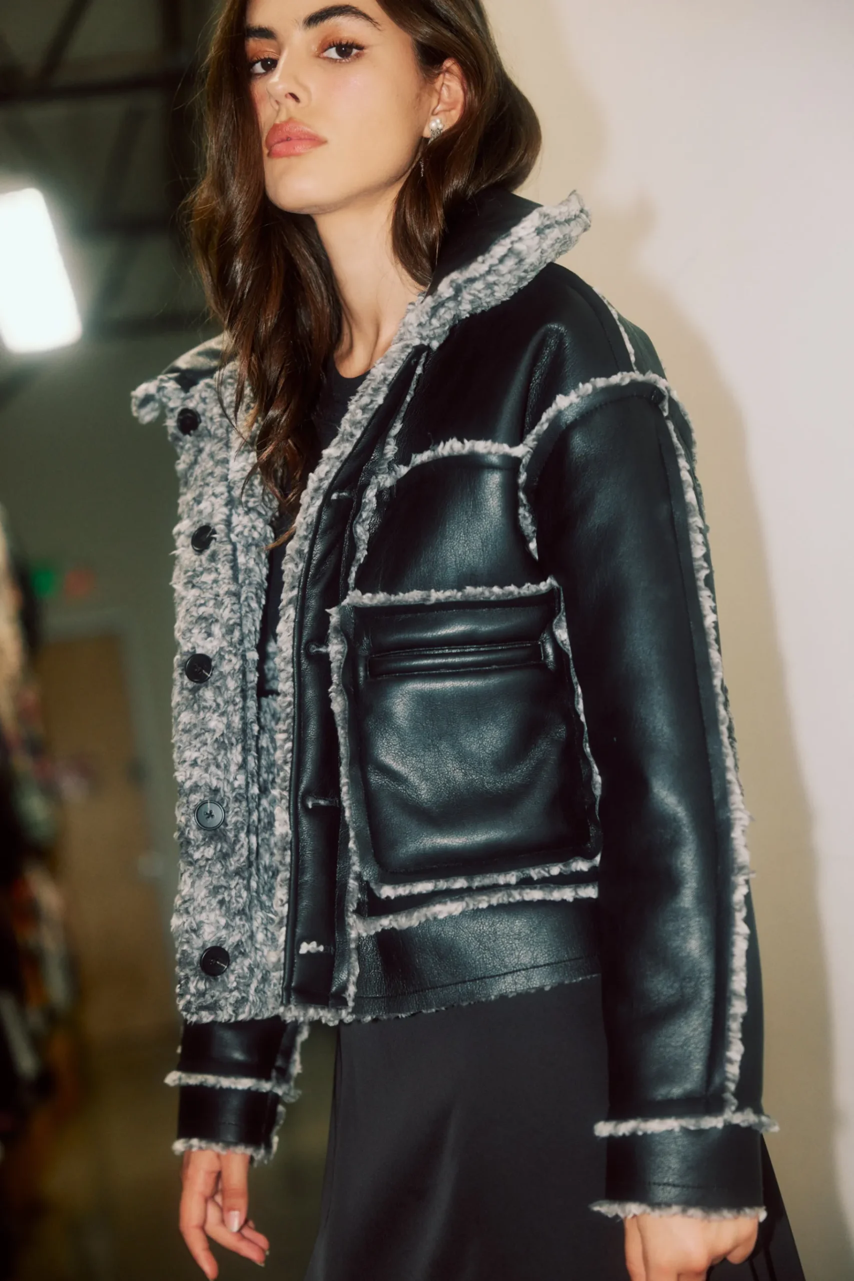 Sale Reversible Vegan Leather Shearling Jacket Women Coats & Jackets