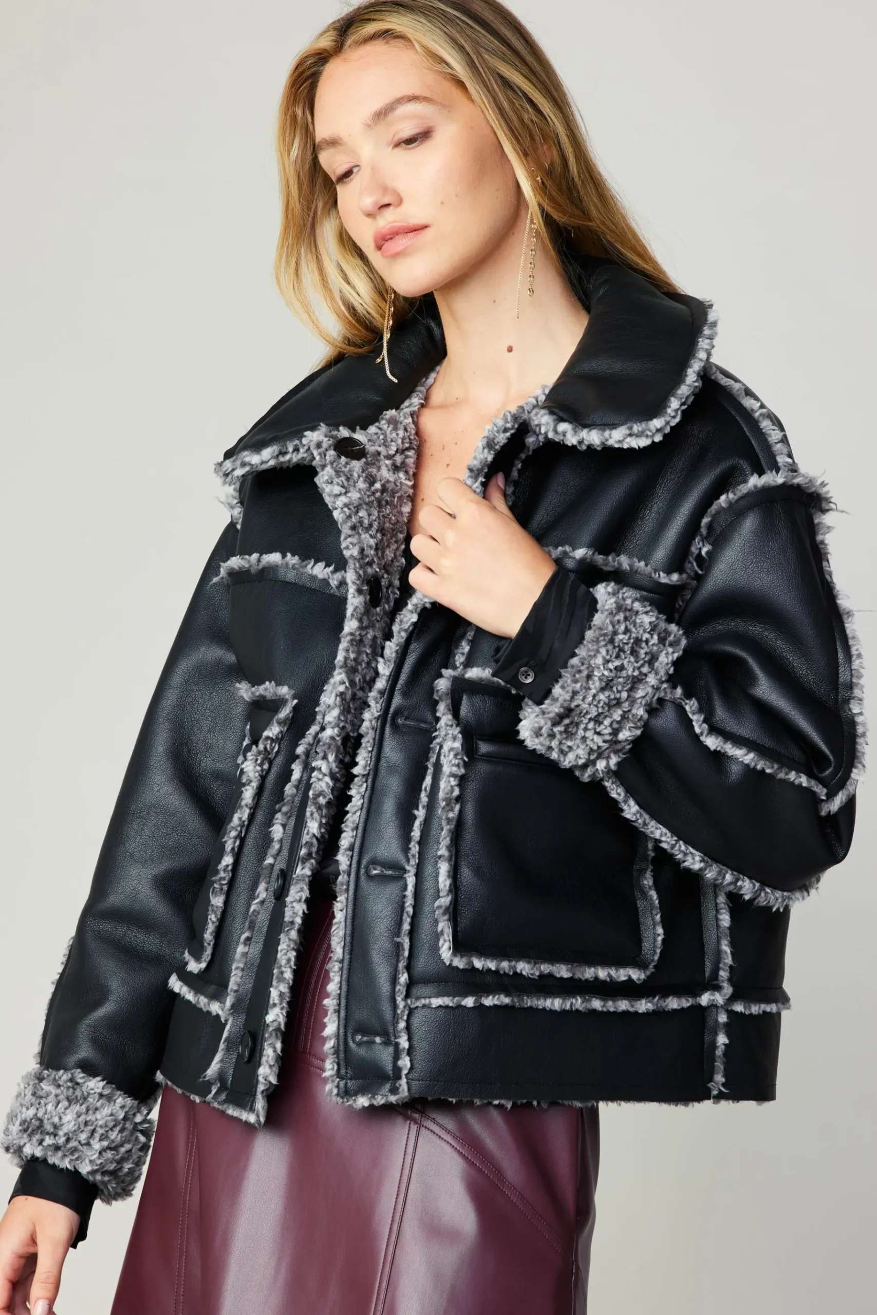 Sale Reversible Vegan Leather Shearling Jacket Women Coats & Jackets
