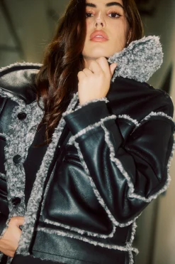 Sale Reversible Vegan Leather Shearling Jacket Women Coats & Jackets