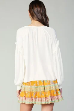 Discount Rope Trim Neckline Blouse Women Long Sleeve Tops