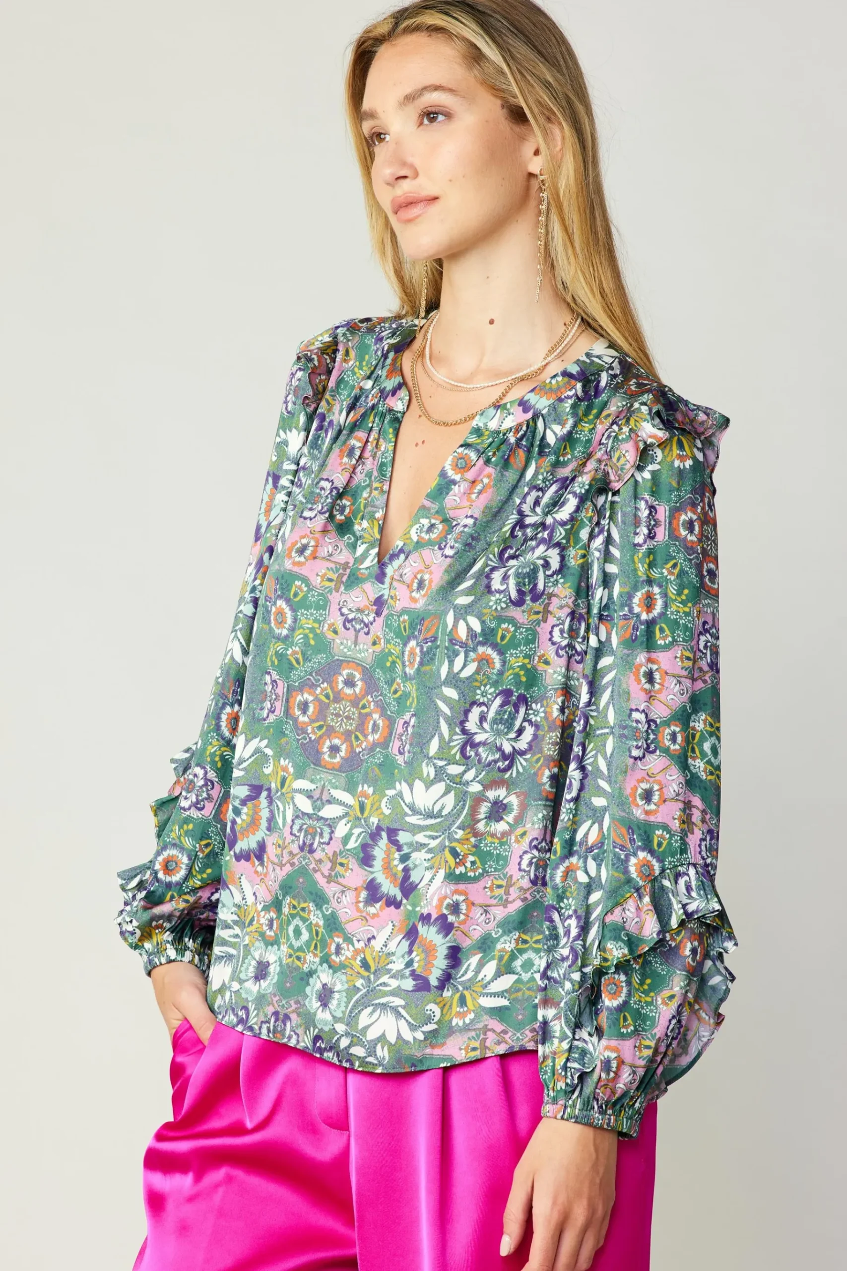 Discount Ruffle Trim Blouse Women Long Sleeve Tops