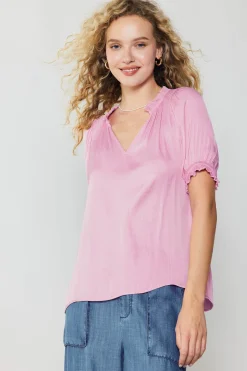 Sale Ruffled Cuff Blouse Women Short Sleeve Tops