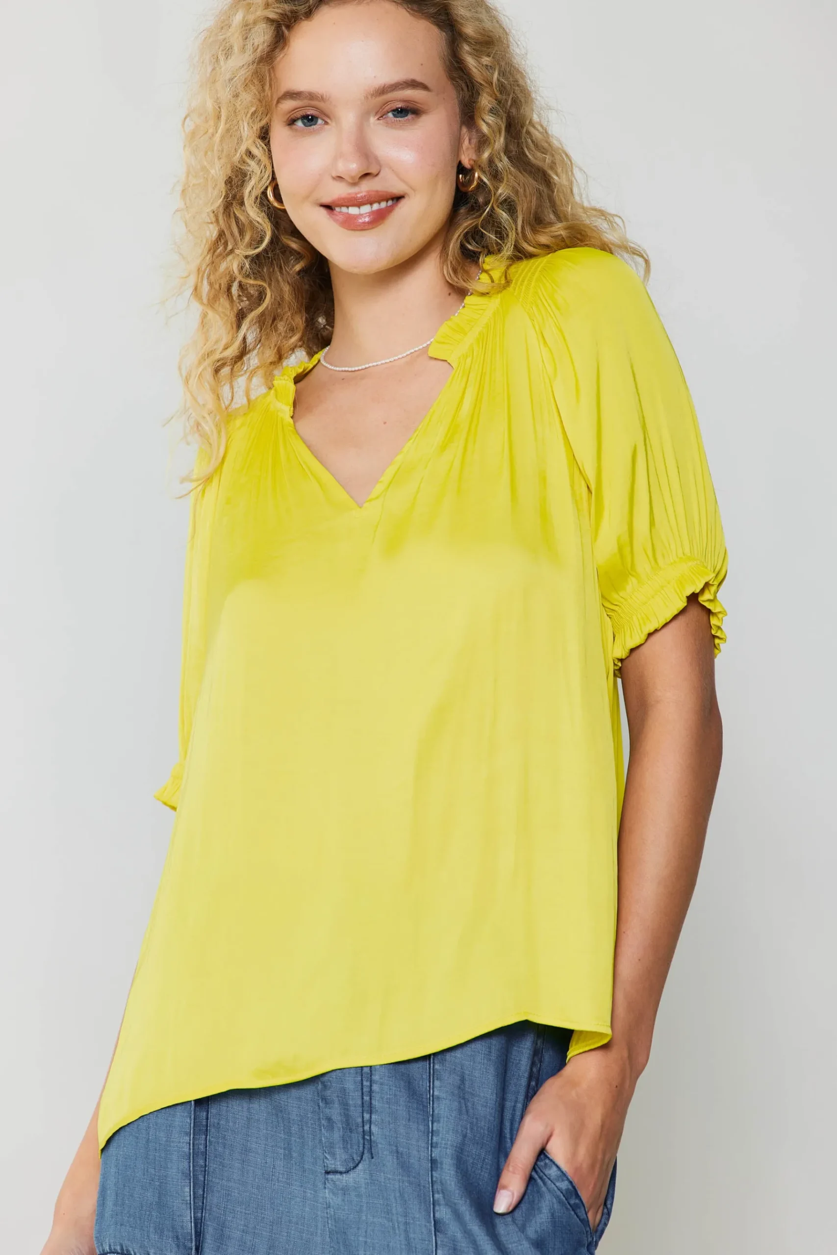 Discount Ruffled Cuff Blouse Women Short Sleeve Tops