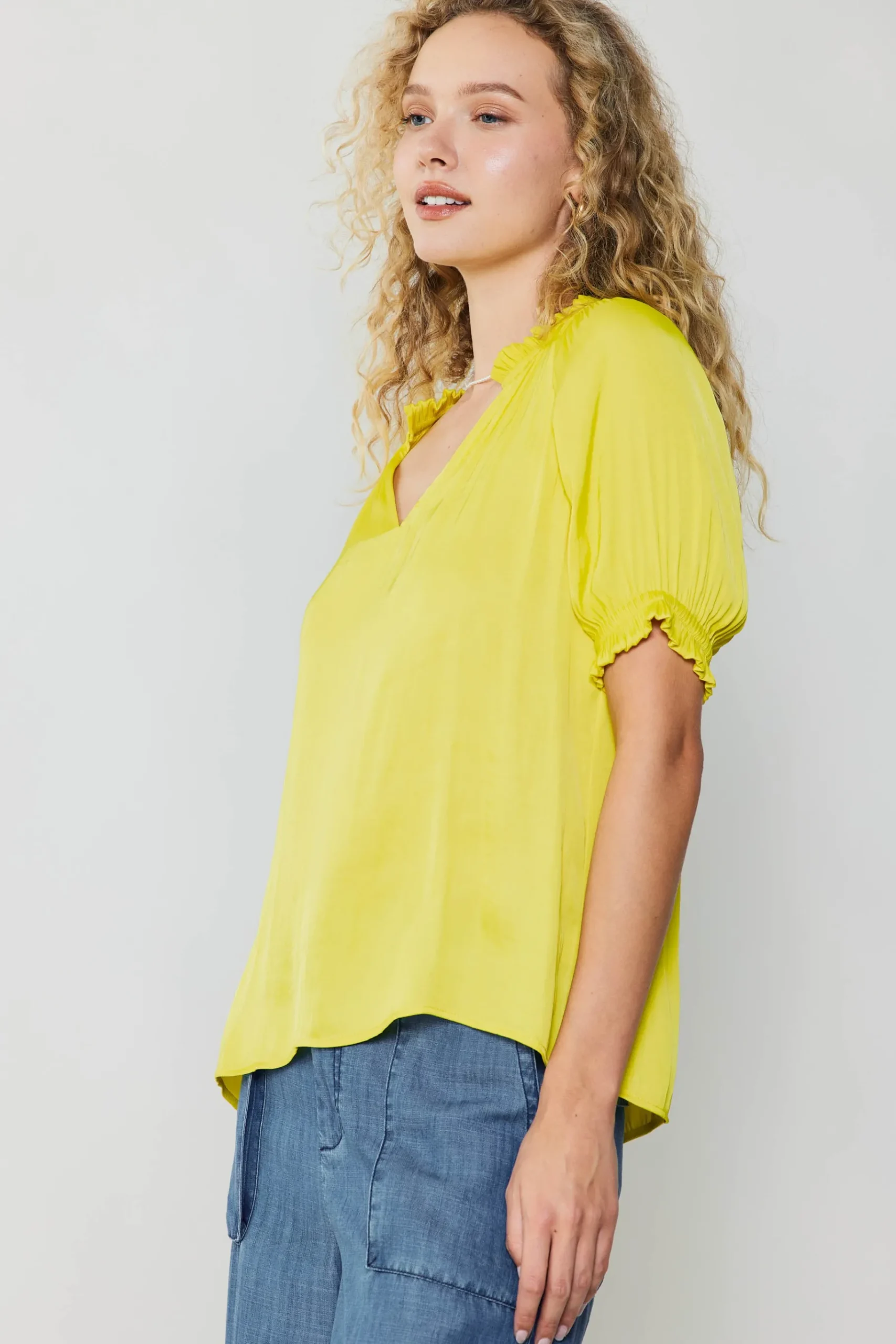 Discount Ruffled Cuff Blouse Women Short Sleeve Tops