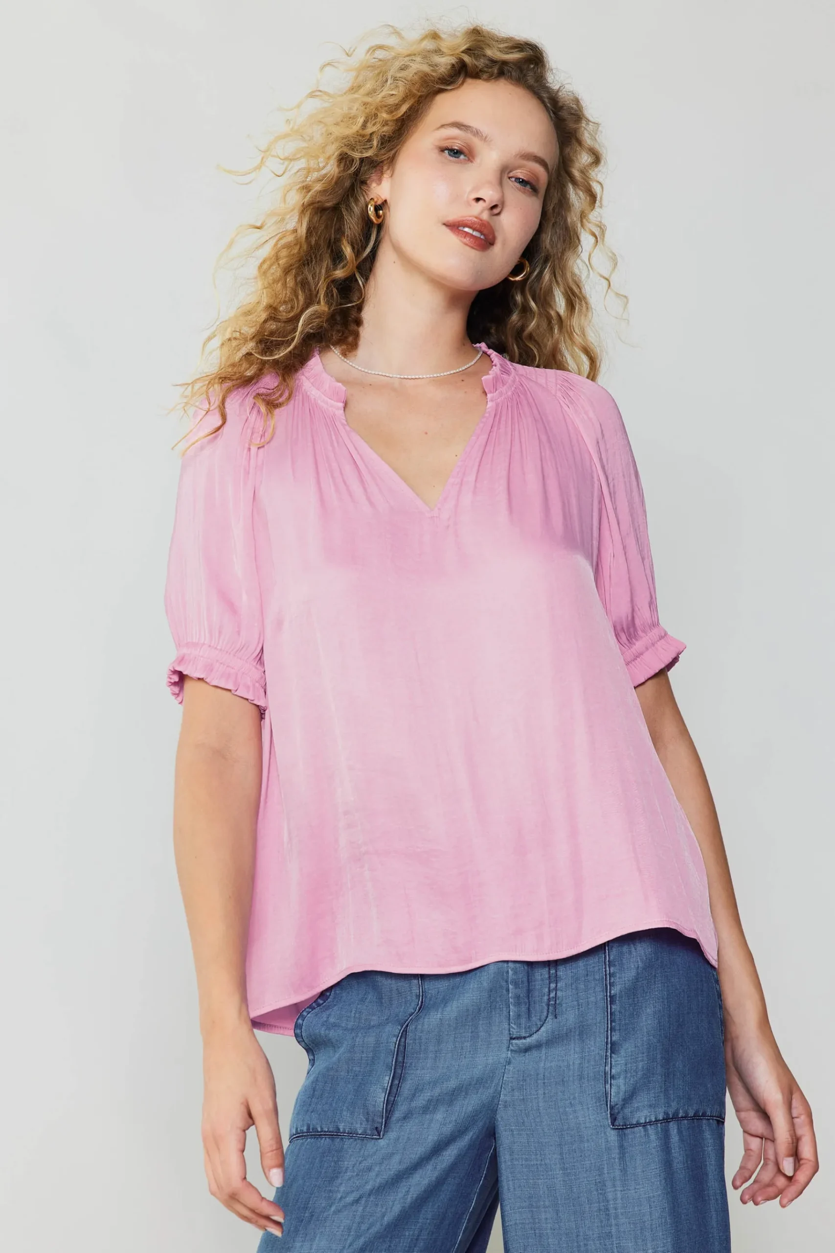 Sale Ruffled Cuff Blouse Women Short Sleeve Tops
