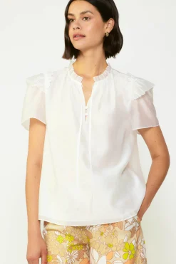 Clearance Ruffled Shoulder Blouse Women Short Sleeve Tops