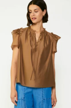 Online Ruffled Shoulder Blouse Women Short Sleeve Tops