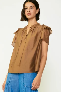 Online Ruffled Shoulder Blouse Women Short Sleeve Tops