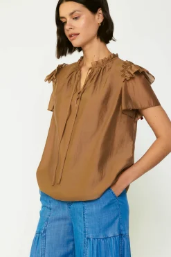 Online Ruffled Shoulder Blouse Women Short Sleeve Tops