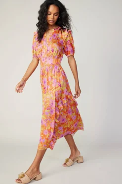 Hot Ruffled Shoulder Floral Midi Dress Women Midi Dresses