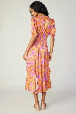 Hot Ruffled Shoulder Floral Midi Dress Women Midi Dresses