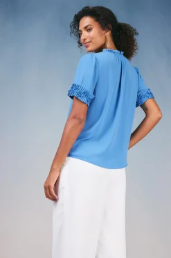 Best Ruffled Trim Blouse Women Short Sleeve Tops