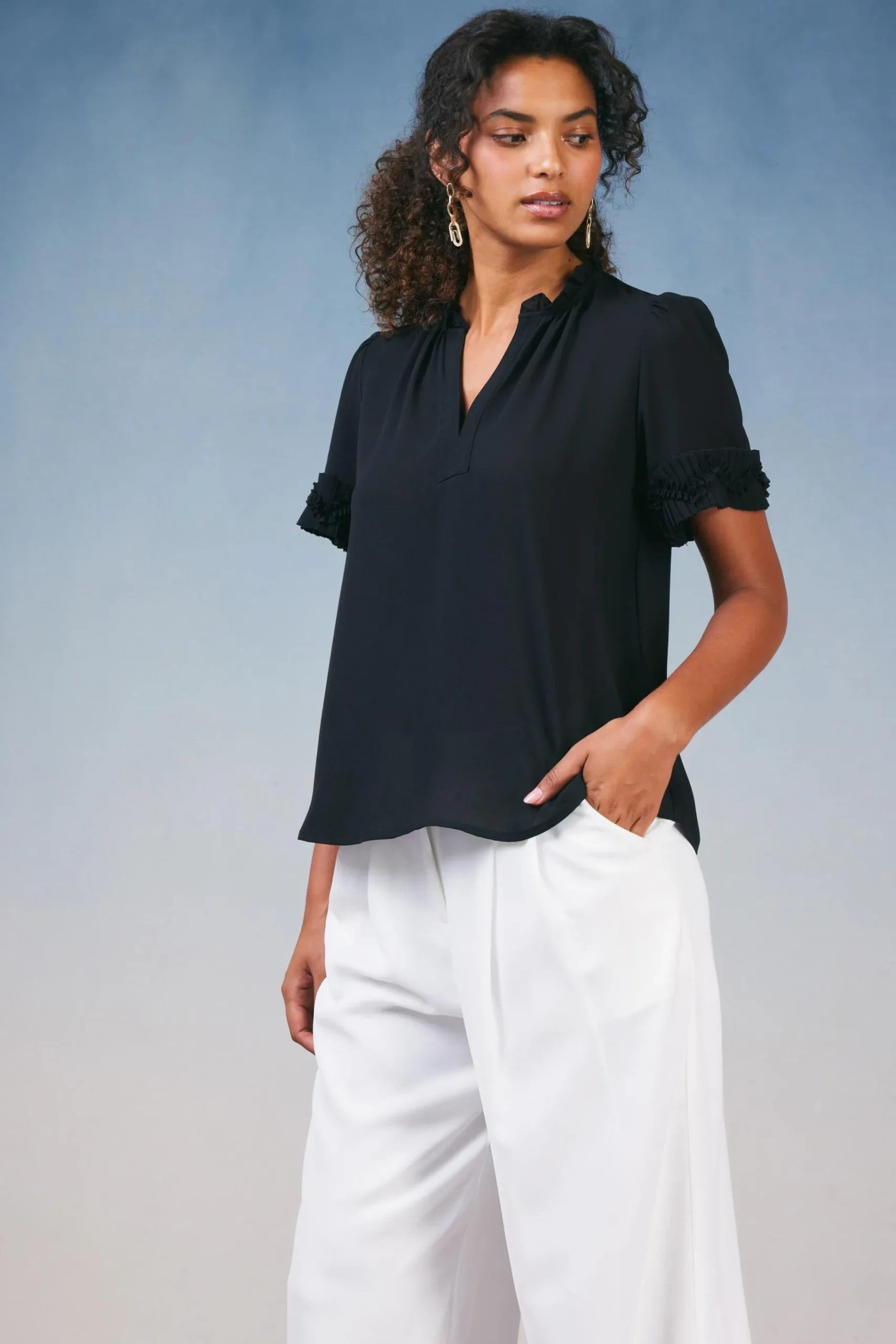 New Ruffled Trim Blouse Women Short Sleeve Tops