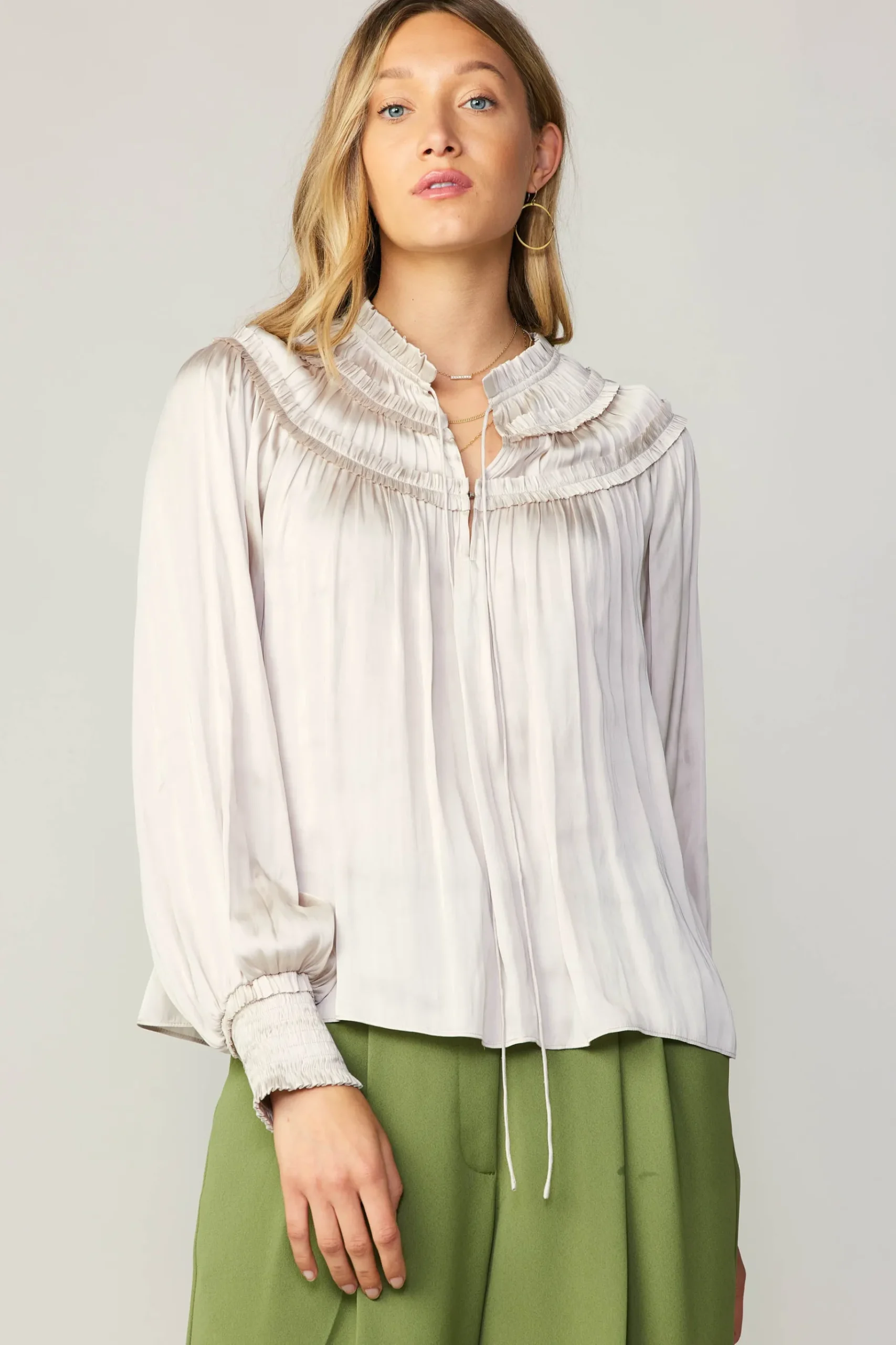 Online Ruffled Yoke Blouse Women Long Sleeve Tops