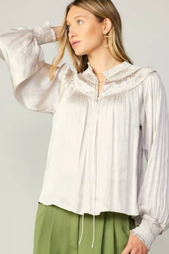 Online Ruffled Yoke Blouse Women Long Sleeve Tops