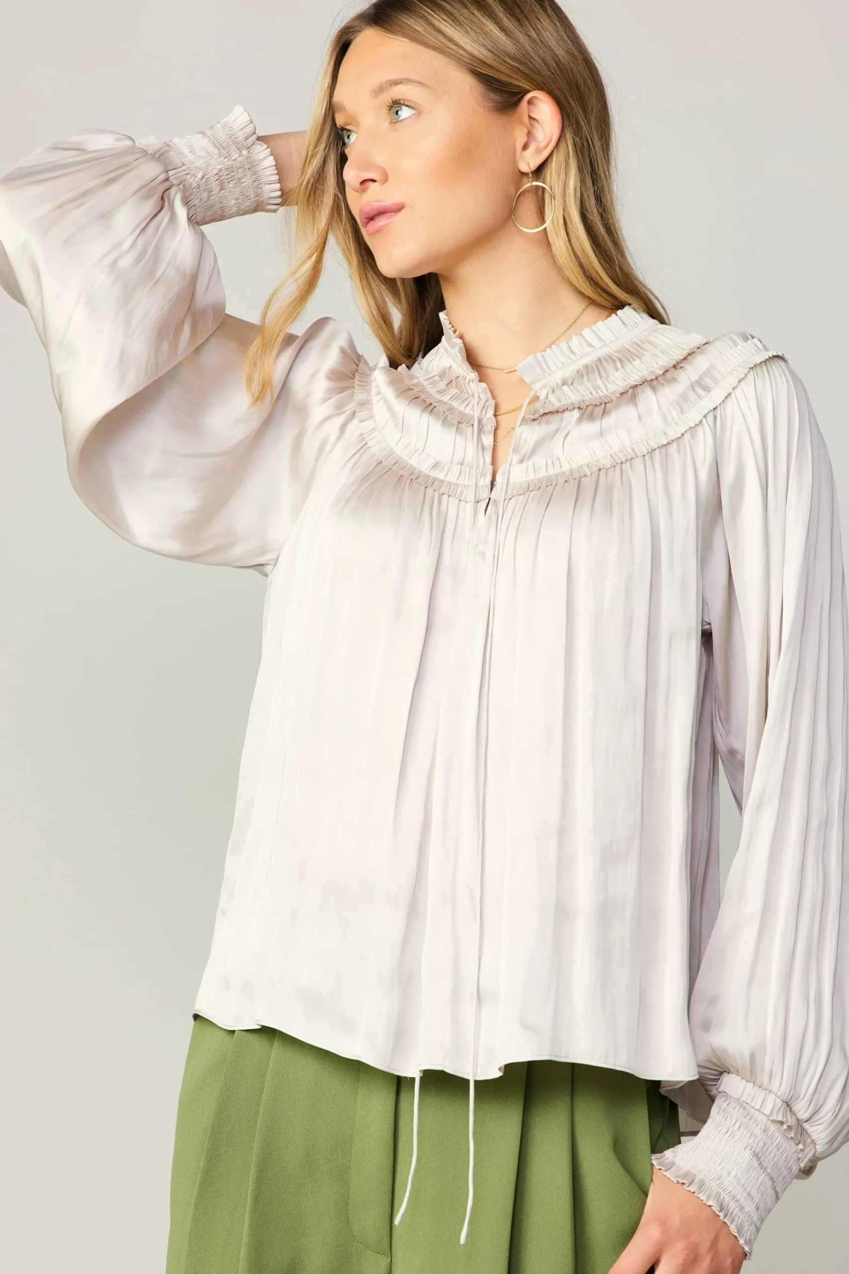 Online Ruffled Yoke Blouse Women Long Sleeve Tops