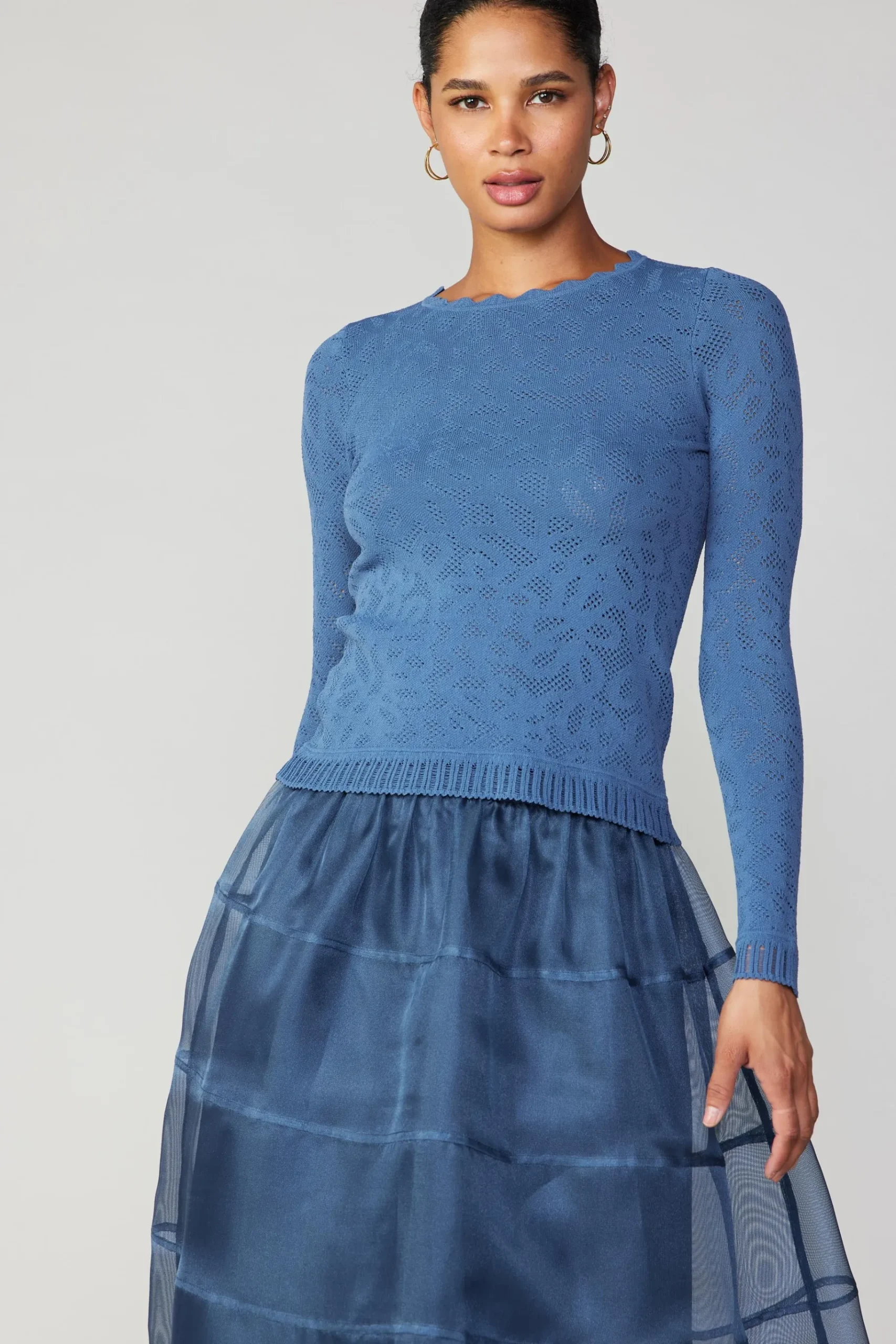 Sale Scalloped Knit Top Women Long Sleeve Tops | Sweaters