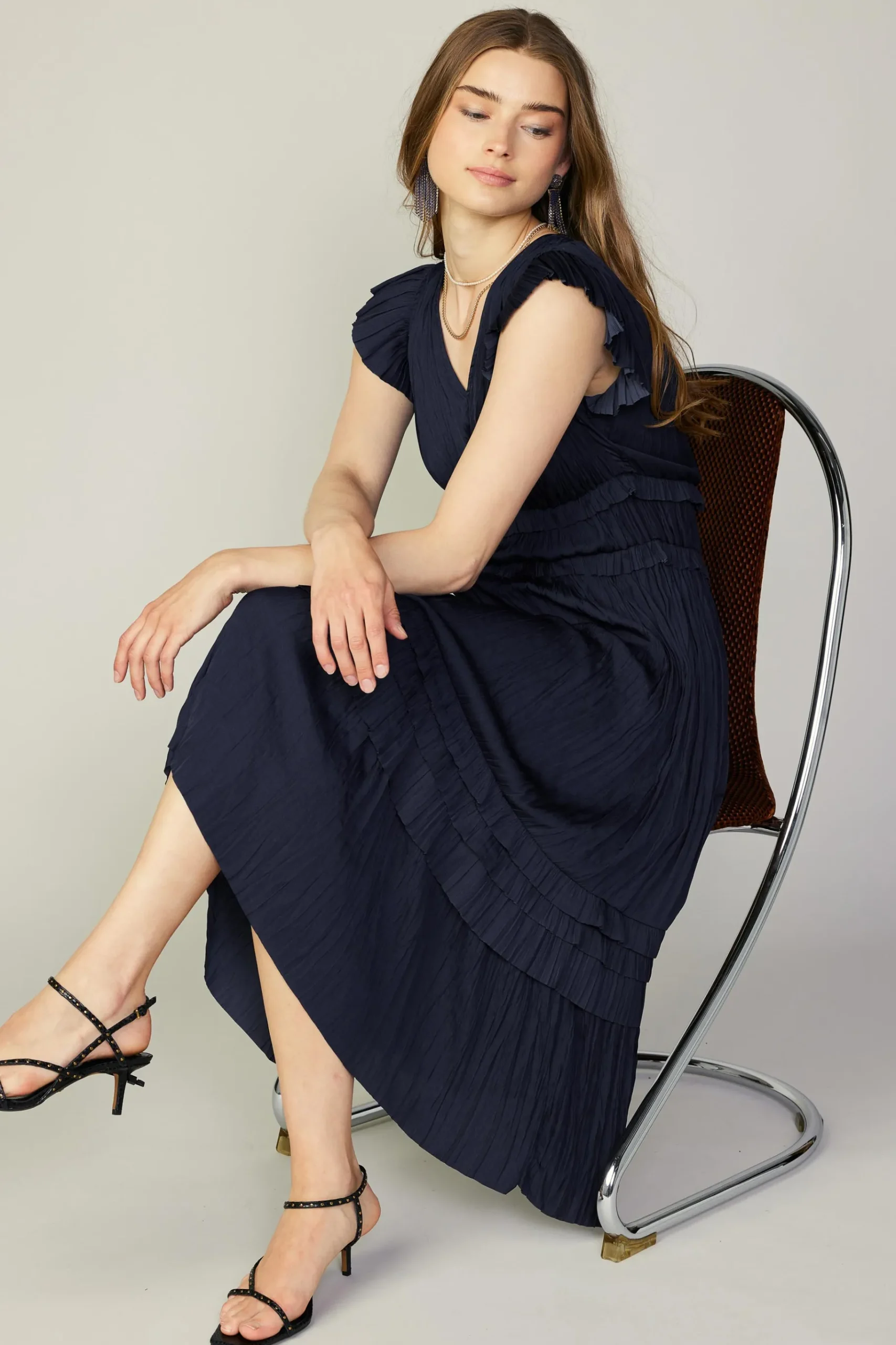 Fashion Sereia Pleated Midi Dress Women Midi Dresses